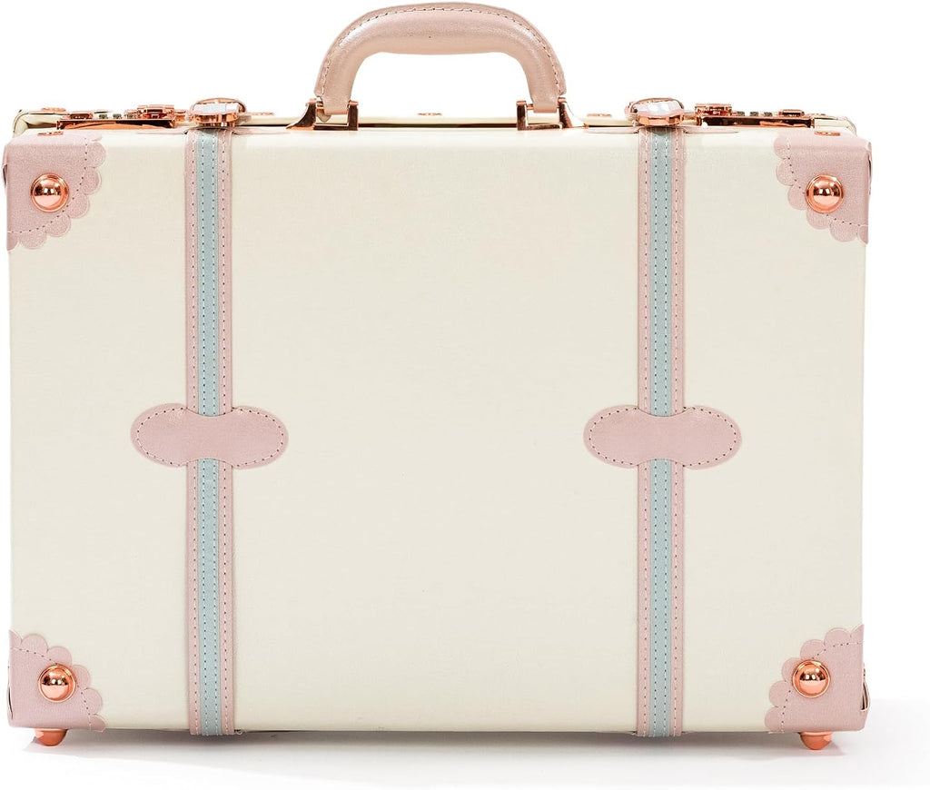 COTRUNKAGE Large 20' Carry On Suitcase Cute Pu Overnight Vintage Trunk Luggage Bag for Women with Combination Locks, Cream White