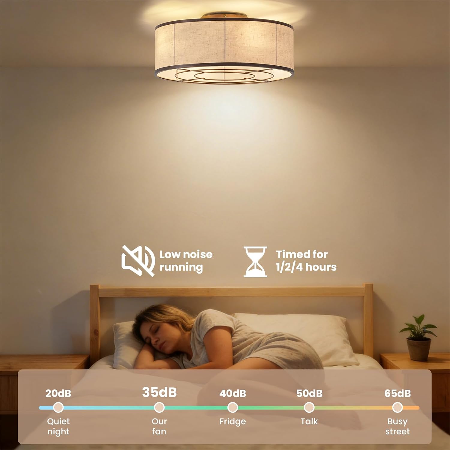 20 Inch Boho Ceiling Fan with Light, Low Profile Flush Mount Caged Ceiling Fan, Bladeless Brown Drum Chandelier with Remote, 6 Speed Reversible DC Motor for Bedroom Living Room, Nursery