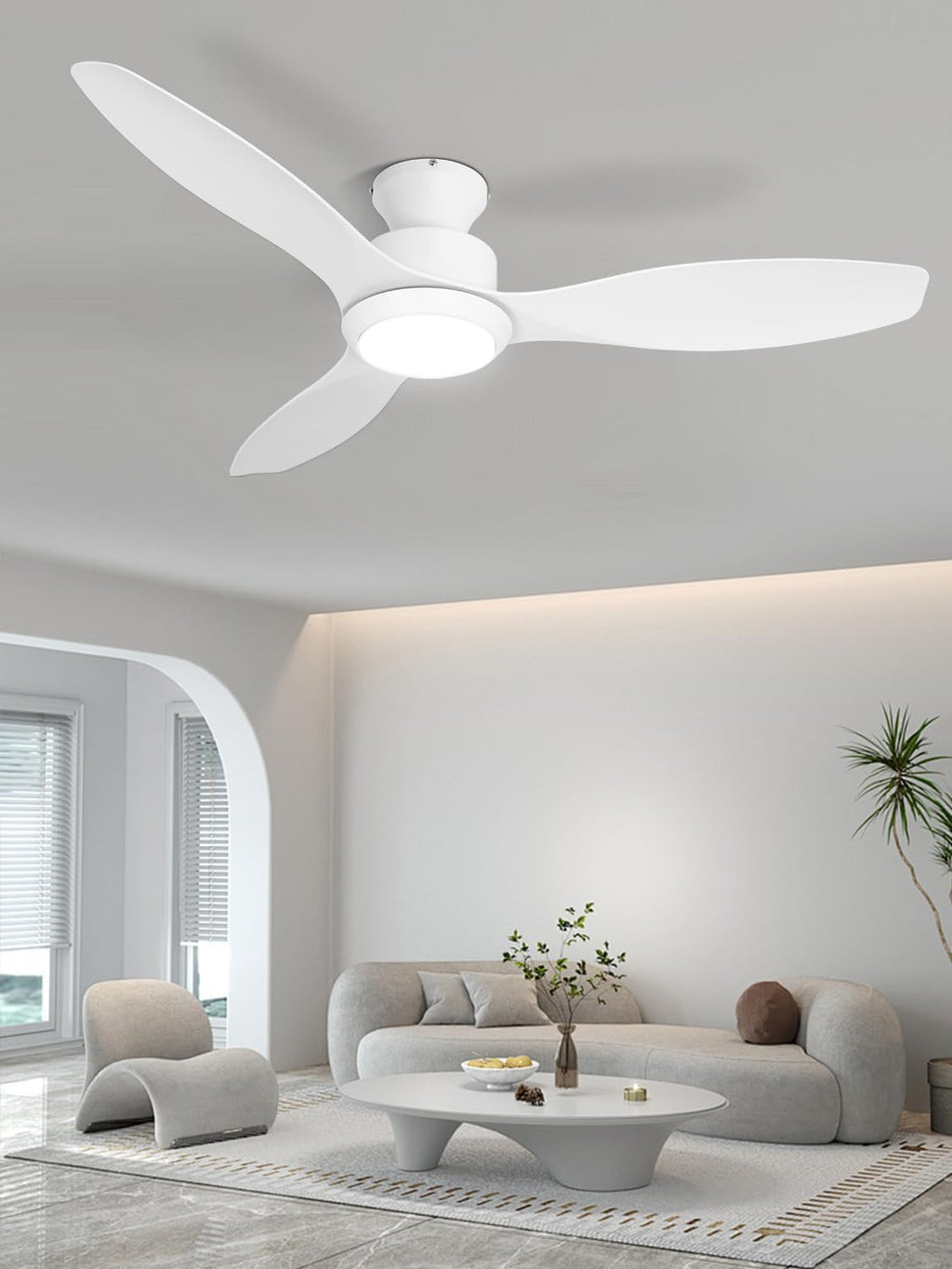 48 inch Ceiling Fan with Light and Remote, White Flush Mount Ceiling Fan with 3 Blades,3 Color Dimmable Lights, 6 Speeds, Queit DC Motor, for Bedroom/Outdoor/Patios, White
