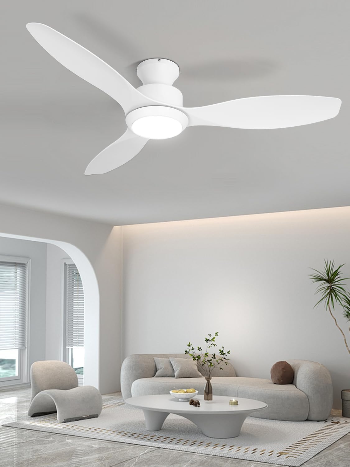 48 inch Ceiling Fan with Light and Remote, White Flush Mount Ceiling Fan with 3 Blades,3 Color Dimmable Lights, 6 Speeds, Queit DC Motor, for Bedroom/Outdoor/Patios, White