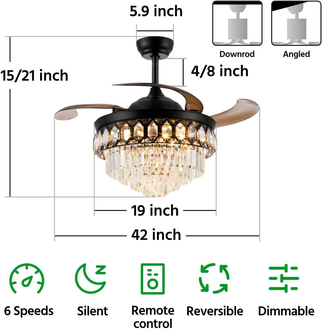 42 Inch Crystal Chandelier Ceiling Fan with Light Retractable Invisible Blade LED Lighting with Remote Control 6 Speed 3 Lighting Change Black Fandelier with Memory Function Black