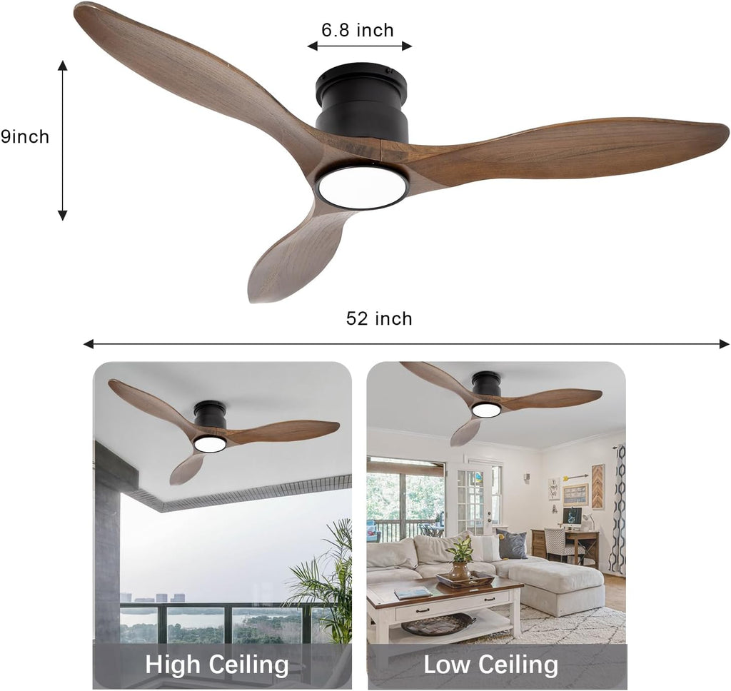 52'' Ceiling Fan with Lights and Remote, 3 Blade Amber Wood Low Profile Flush Mount Ceiling Fan Indoor, Reversible 6 Speeds Dimmable LED Light Fan for Bedroom Living Room Farmhouse