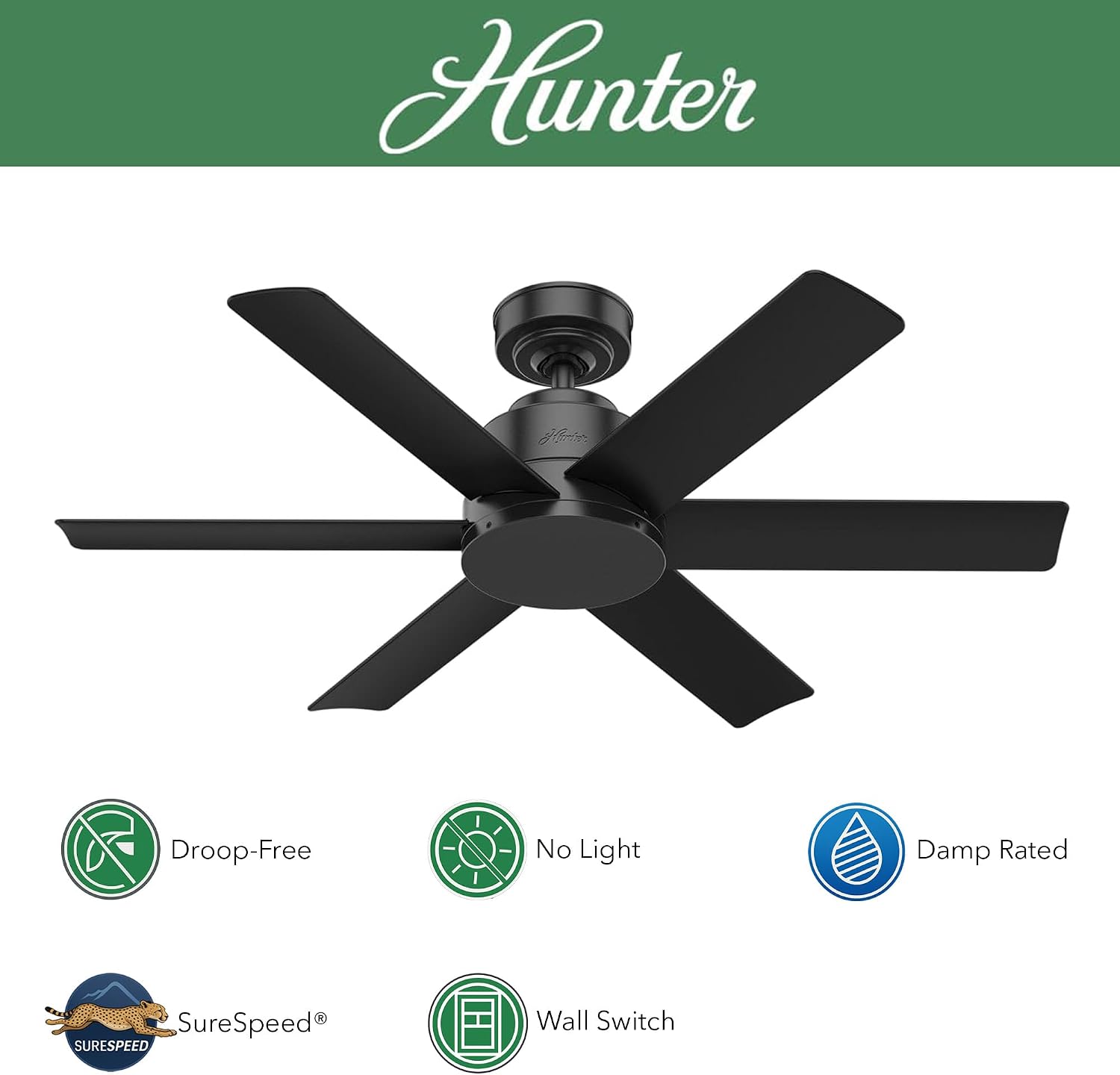 Hunter Fan 44 inch Contemporary Matte Black Indoor/Outdoor Ceiling Fan with 6 Blades (Renewed)