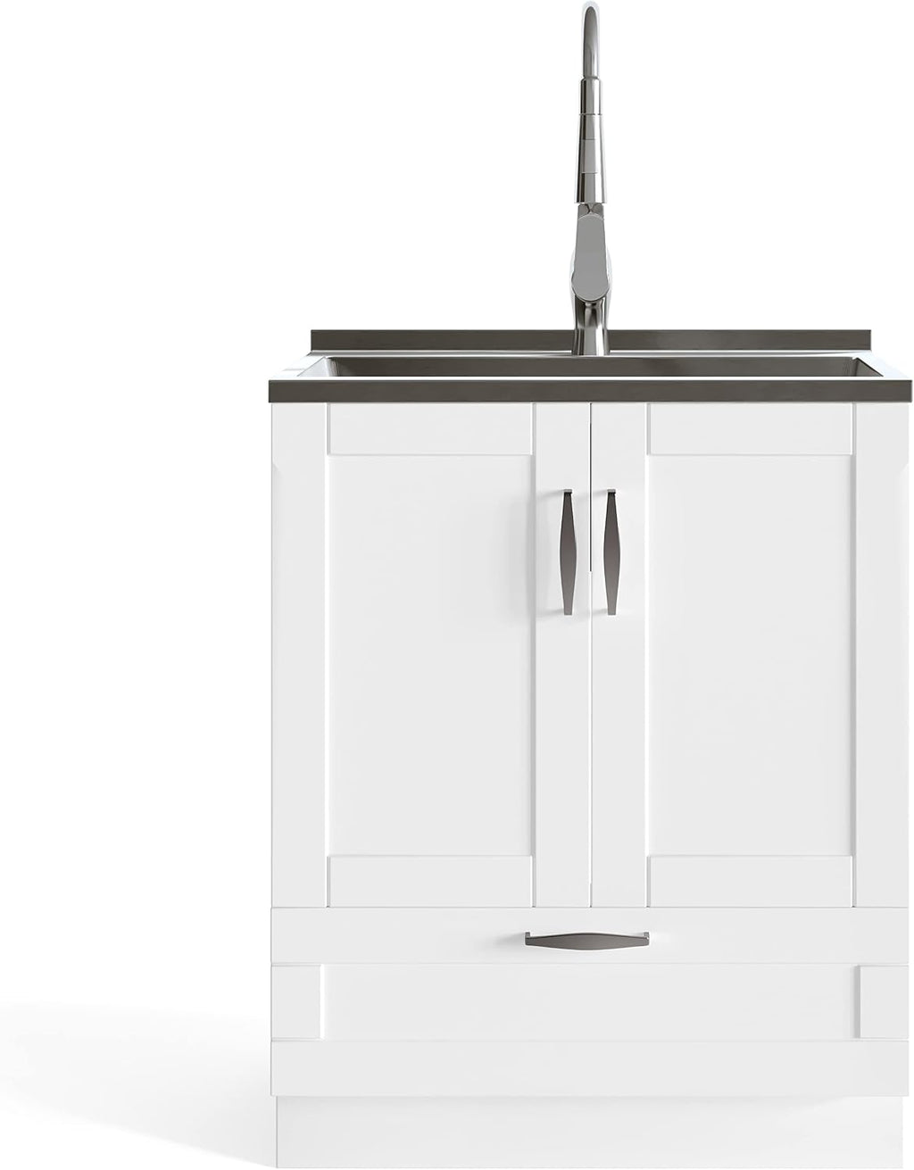 SIMPLIHOME Reed All-in-One 28 inch Wide Utility Sink and Laundry Cabinet in Pure White Finish, Transitional Stainless Steel Sink Cabinet for Laundry Rooms with High-Arch Chrome Faucet and Storage