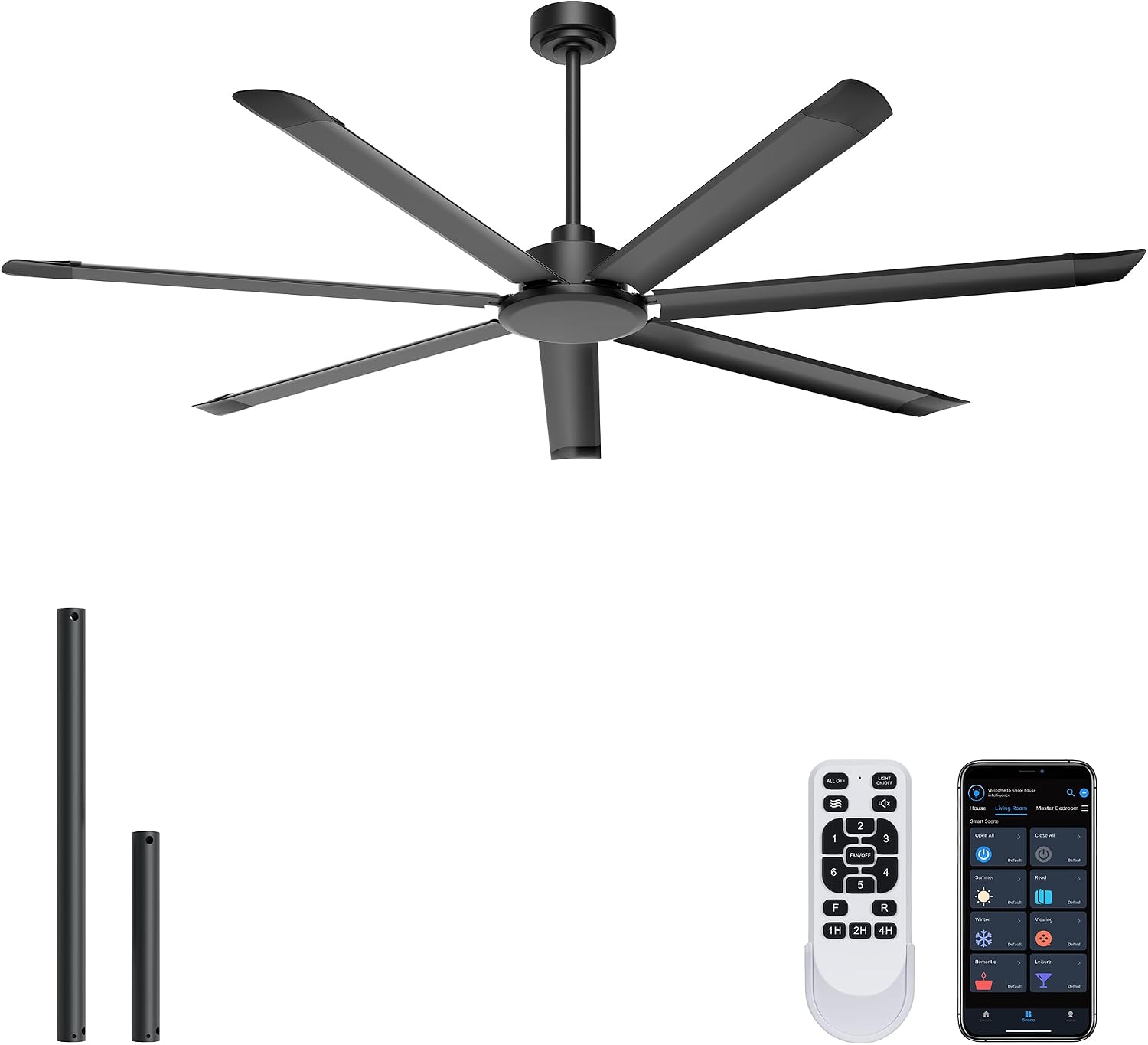 Ohniyou 72'' Ceiling Fan No Light, Black Industrial Ceiling Fan with Remote/APP, Aluminum Blades, 8000 CFM DC Motor for Outdoor Patios, Shop, Garage, Warehouse