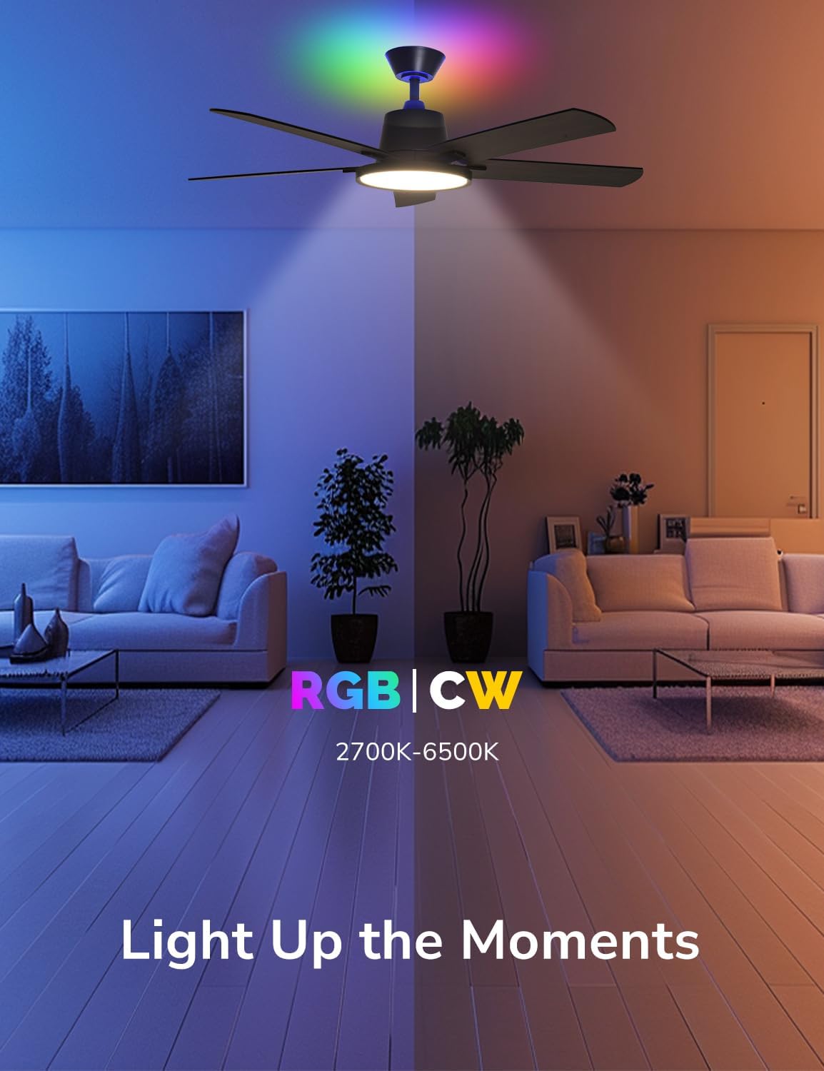 Orison Ceiling Fans with Lights, 52 inch Low Profile Ceiling Fan with RGB Backlight, Flush Mount Ceiling Fan with Remote and App Control,White Bedroom Fan, 6 Speeds, 5 Reversible Blades (Black RGB)