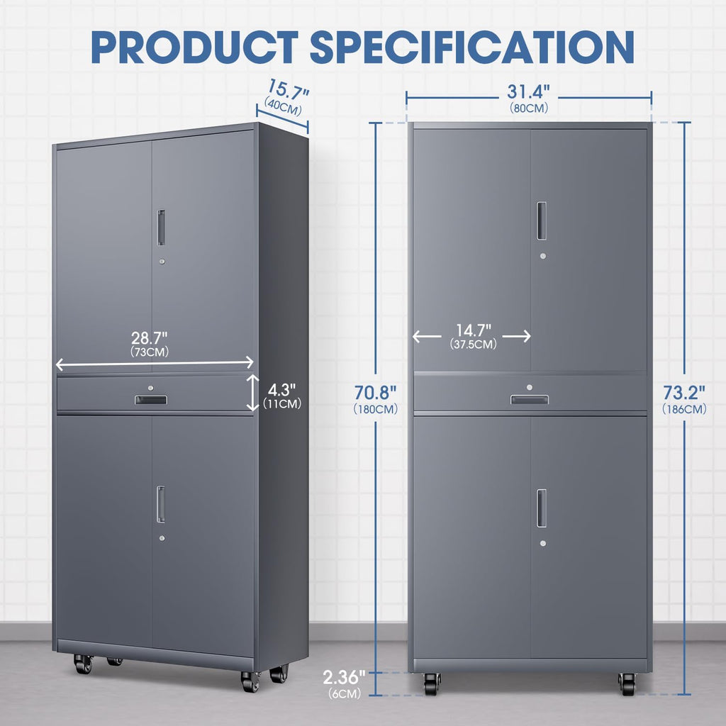 DNA Motoring 73'' Metal Storage Cabinet, Rolling Garage Cabinet with 1 Drawer and Adjustable Shelves, Lockable Heavy Duty Metal Locker for Garage,Office,Home,Gym, Gray, TOOLS-00630-GY-GY-A
