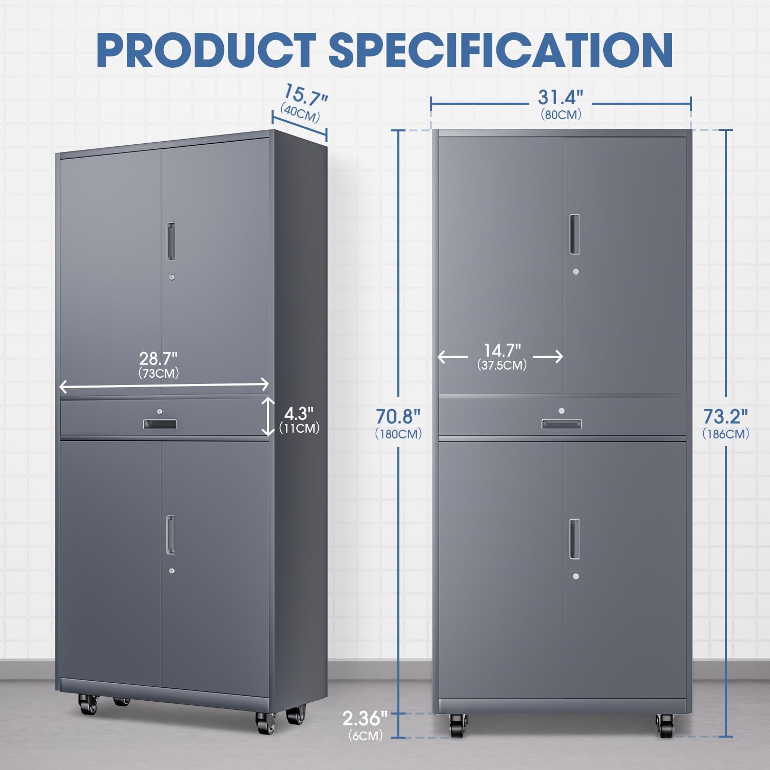 DNA Motoring 73'' Metal Storage Cabinet, Rolling Garage Cabinet with 1 Drawer and Adjustable Shelves, Lockable Heavy Duty Metal Locker for Garage,Office,Home,Gym, Gray, TOOLS-00630-GY-GY-A