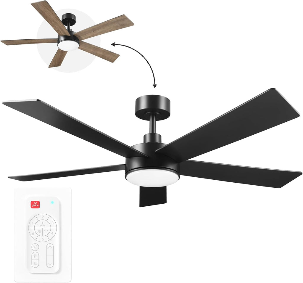 Globe Electric Veloria 52 in. Ceiling Fan with LED Light, Remote Control, WhisperQuiet DC Motor, 6 Speeds, Matte Black, Reversible Blades