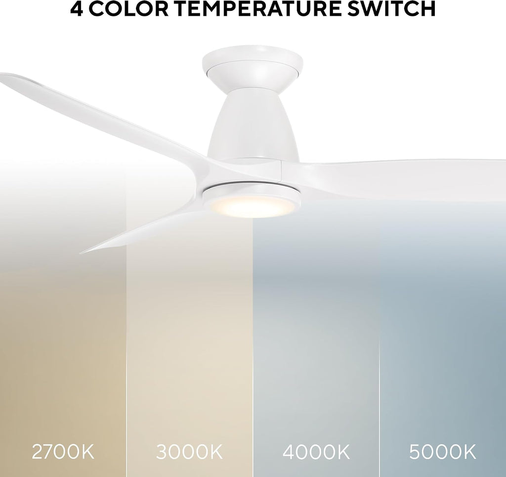 Skylark Indoor and Outdoor 3-Blade 54in Smart Flush Mount Ceiling Fan in Soft Brass Matte White Adjustable CCT 2700K-3000K-4000K-5000K LED Light Kit Remote Control works with Alexa, iOS or Android App