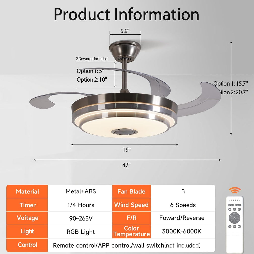 42 Inch RGB Retractable Ceiling Fan with Light, Reversible,Dimmable,Ultra-Quiet Invisible Chandelier Fan with Speaker for Kids Room Living Room Dinner Room,Brushed Nickel