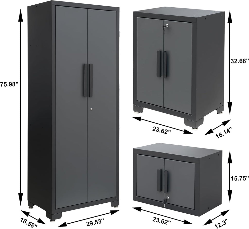 Torin 12 Piece Garage Storage Cabinet Set: Workshop Tool Organizer Chest with Lockers, Shelves and Wood Workbench, Black/Grey