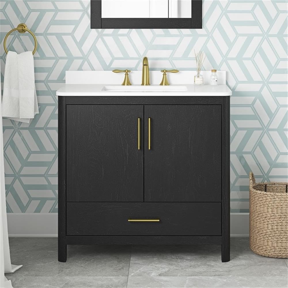 Pemberly Row 36' Bathroom Vanity, Matte Black Finish, Engineered Marble Countertop, Undermount Sink, Soft-Close Storage, Modern Freestanding MDF Design for Small Bathrooms or Guest En-Suites