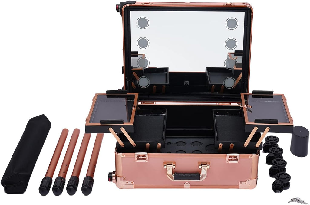 Trolley Make up Case Professional Cosmetic Organizer Vanity Station With Led Lights Wheels And Stands Rolling Lighted Travel Table & Mirror Pro Cover Panel Extendable Adjustable Legs（Rose Gold）