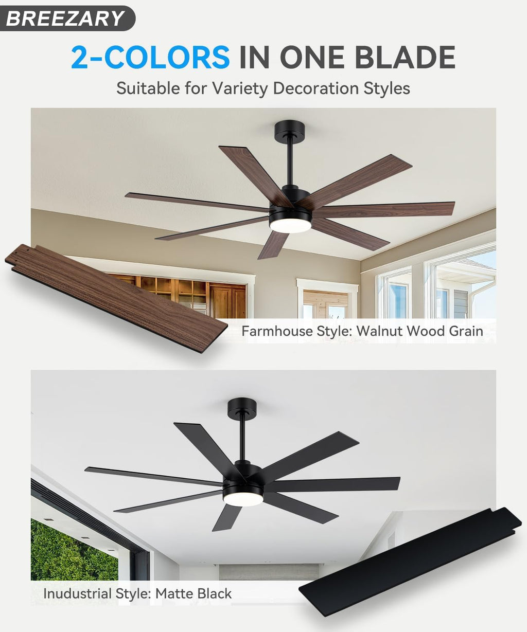 Farmhouse Ceiling Fans with Lights and Remote, 62 Inch Industrial Black Ceiling Fans with 6-Speed Reversible DC Motor, 3 CCT, Dual Finish 7 Blades, Indoor/Outdoor Ceiling Fan for Patio Bedroom