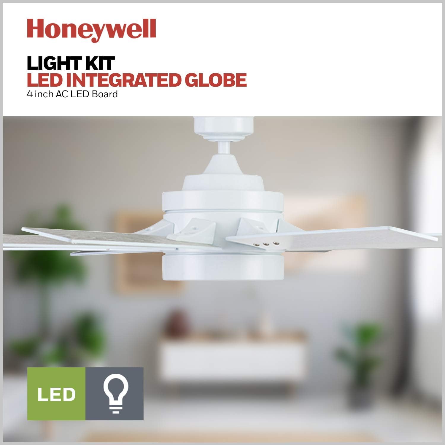 Honeywell Ceiling Fans Xerxes Modern 62 Inch Ceiling Fan with Light, Remote Control Fan, LED Indoor Fan with 8 Blades, White and Gray Wash Blade Finish Options, White (51628-01)