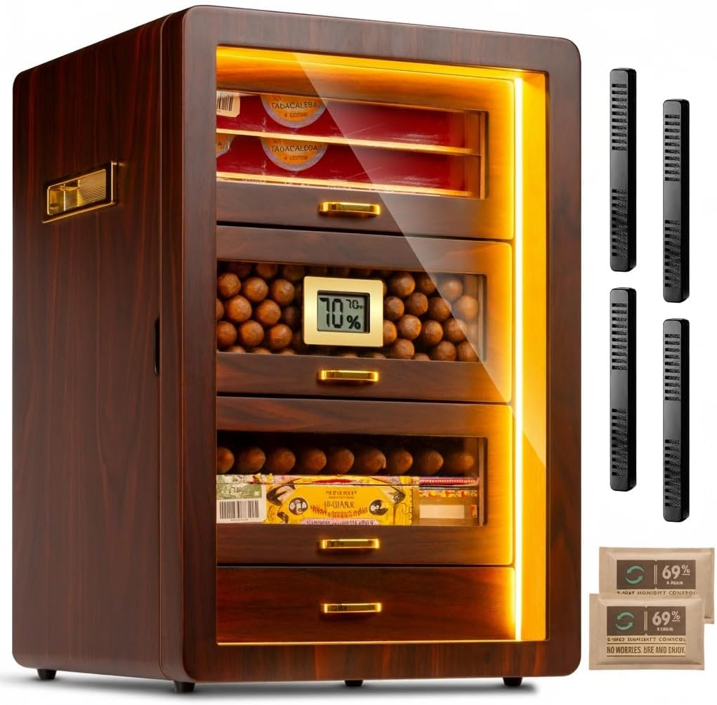 Desktop Cigar Humidor Cabinet Triple-Sided Light with Digital Hygrometer, Humidifier and Humidity Packs. 4 Cedar Wood Drawers, Cigar Humidor Box can Hold 200 Cigars. Present for Men