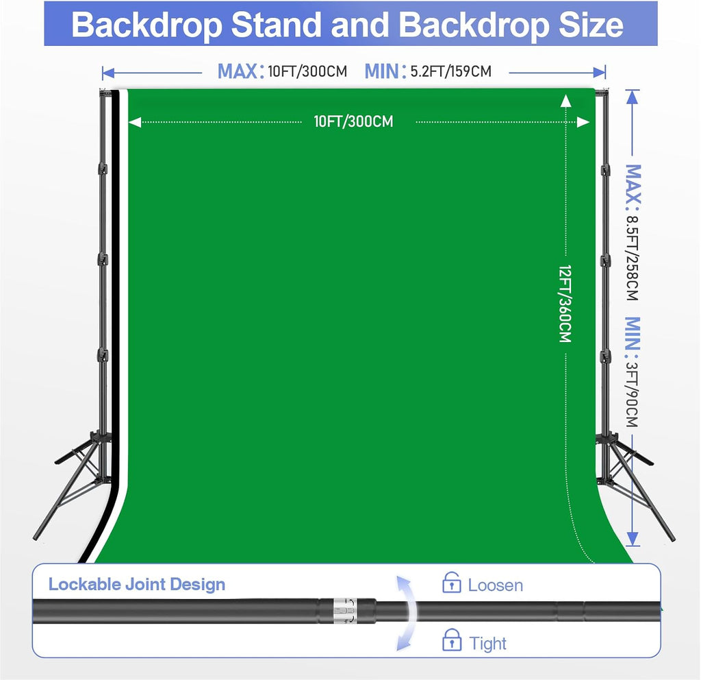 EMART 8.5x10ft Green Screen Backdrop Kit with Sand Bag, Photography Background Support System with 10x12ft Polyester Backdrop(Black/White/Green) for Photography, Parties, Wedding, Video Shooting