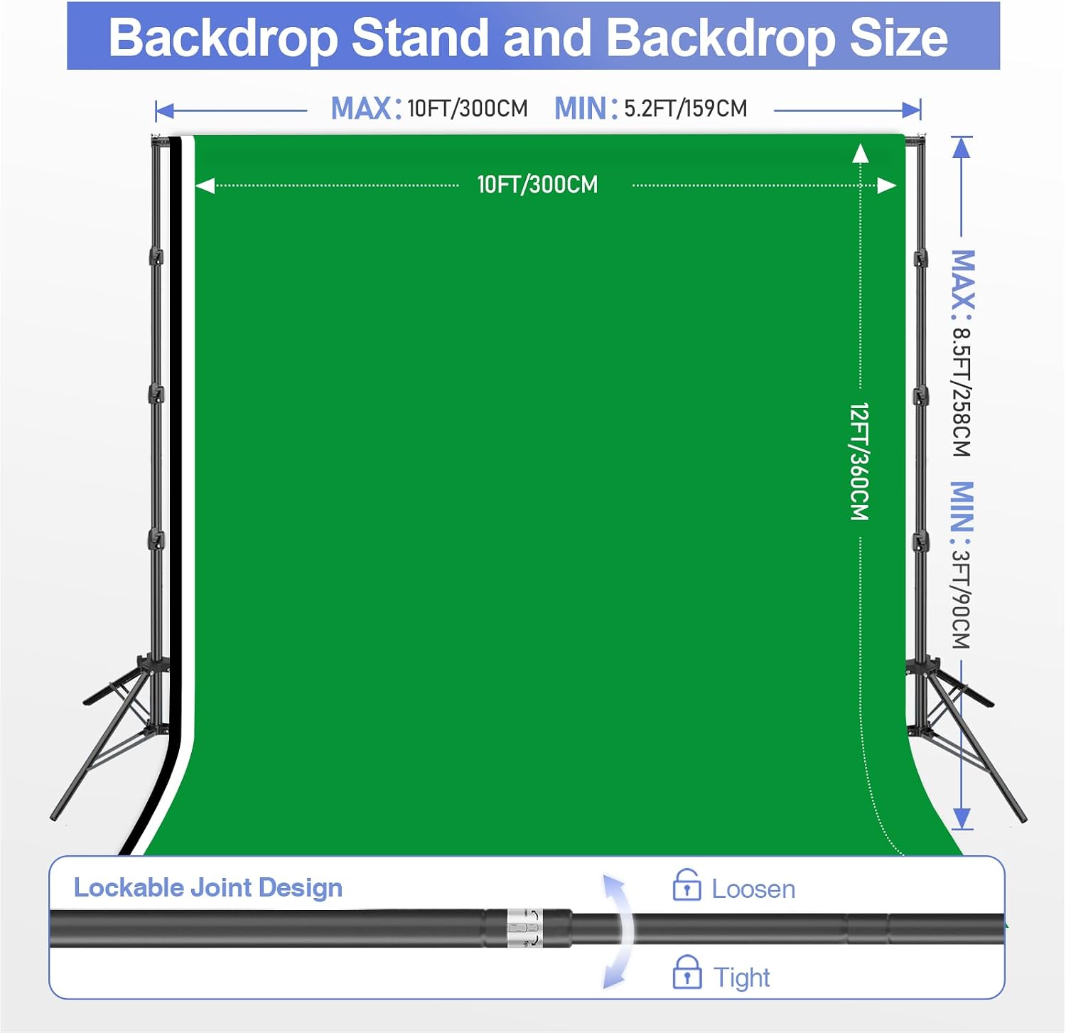 EMART 8.5x10ft Green Screen Backdrop Kit with Sand Bag, Photography Background Support System with 10x12ft Polyester Backdrop(Black/White/Green) for Photography, Parties, Wedding, Video Shooting