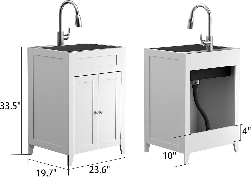 VINGLI 24-Inch Laundry Sink with Cabinet and Pull-Out Sprayer Faucet, Stainless Steel Utility Sink with Cabinet, White Cabinet with Sink for Laundry & Utility Room, Kitchen, Bathroom, Basement