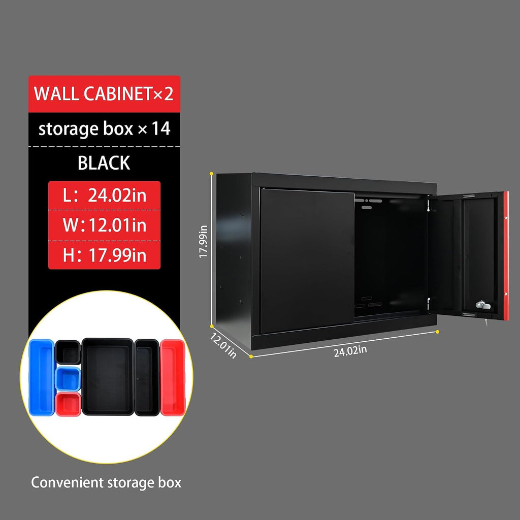 Pre-Assembled Garage Storage Cabinet System, No Assembly Required, 6-Piece Workshop Cabinet Set in Black & Red with LED Lights, Wood Worktop, Key Locks, Adjustable Doors and Legs