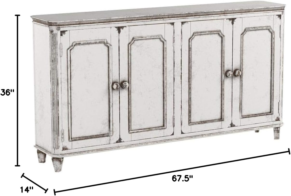 Signature Design by Ashley Mirimyn Distressed 4-Door Accent Cabinet or TV Stand, Antique White