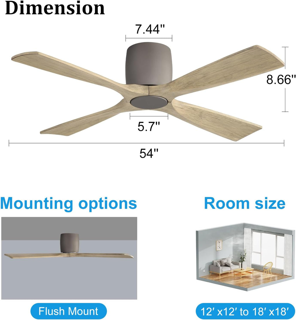 WINGBO 54 Inch Ceiling Fan Without Light, Solid Wood Flush Mount Ceiling Fan with Remote Control, Reversible Quiet DC Motor, 4 Blades,6-Speed, for Bedroom & Living Room, Graphite Finish +Gray Blade
