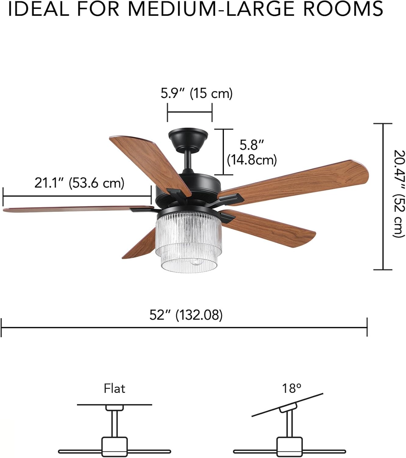 Globe Electric 37000023 52' 2-Light Ceiling Fan with Glass Shade, Remote Control, WhisperQuiet DC Motor, 6 Speeds, Matte Black, Indoor/Outdoor