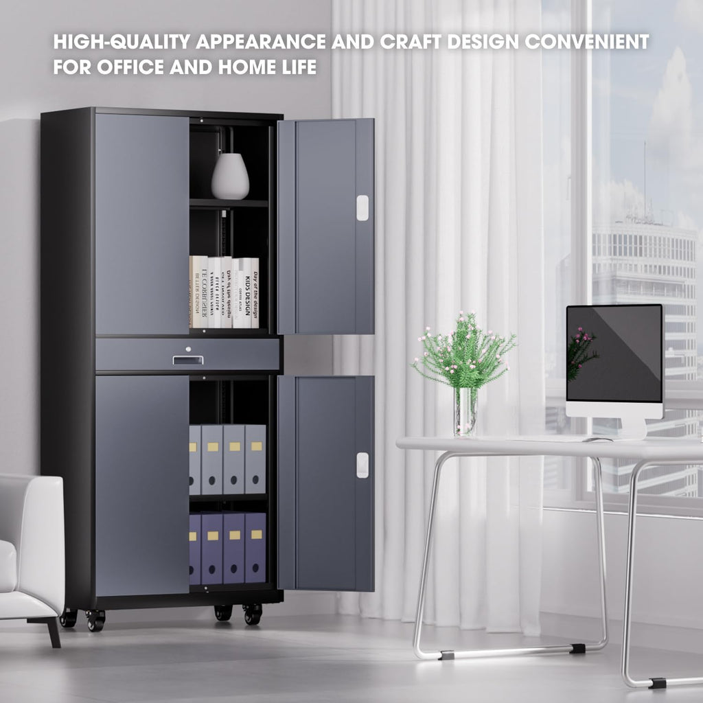 DNA Motoring Metal Storage Cabinet, 73'' Rolling Garage Cabinet with 1 Drawer and Adjustable Shelves, Lockable Cabinet Heavy Duty Utility Cabinet for Garage,Office,Home,Gray Black, TOOLS-00630-GY-BK