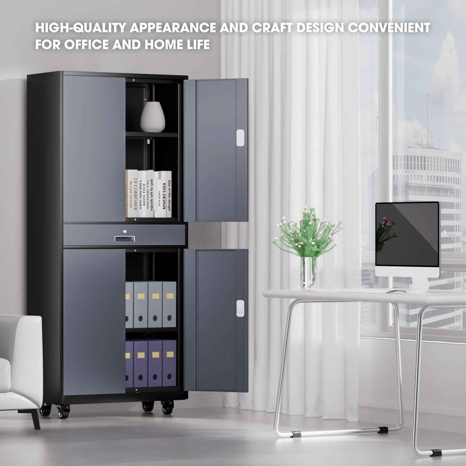 DNA Motoring Metal Storage Cabinet, 73'' Rolling Garage Cabinet with 1 Drawer and Adjustable Shelves, Lockable Cabinet Heavy Duty Utility Cabinet for Garage,Office,Home,Gray Black, TOOLS-00630-GY-BK