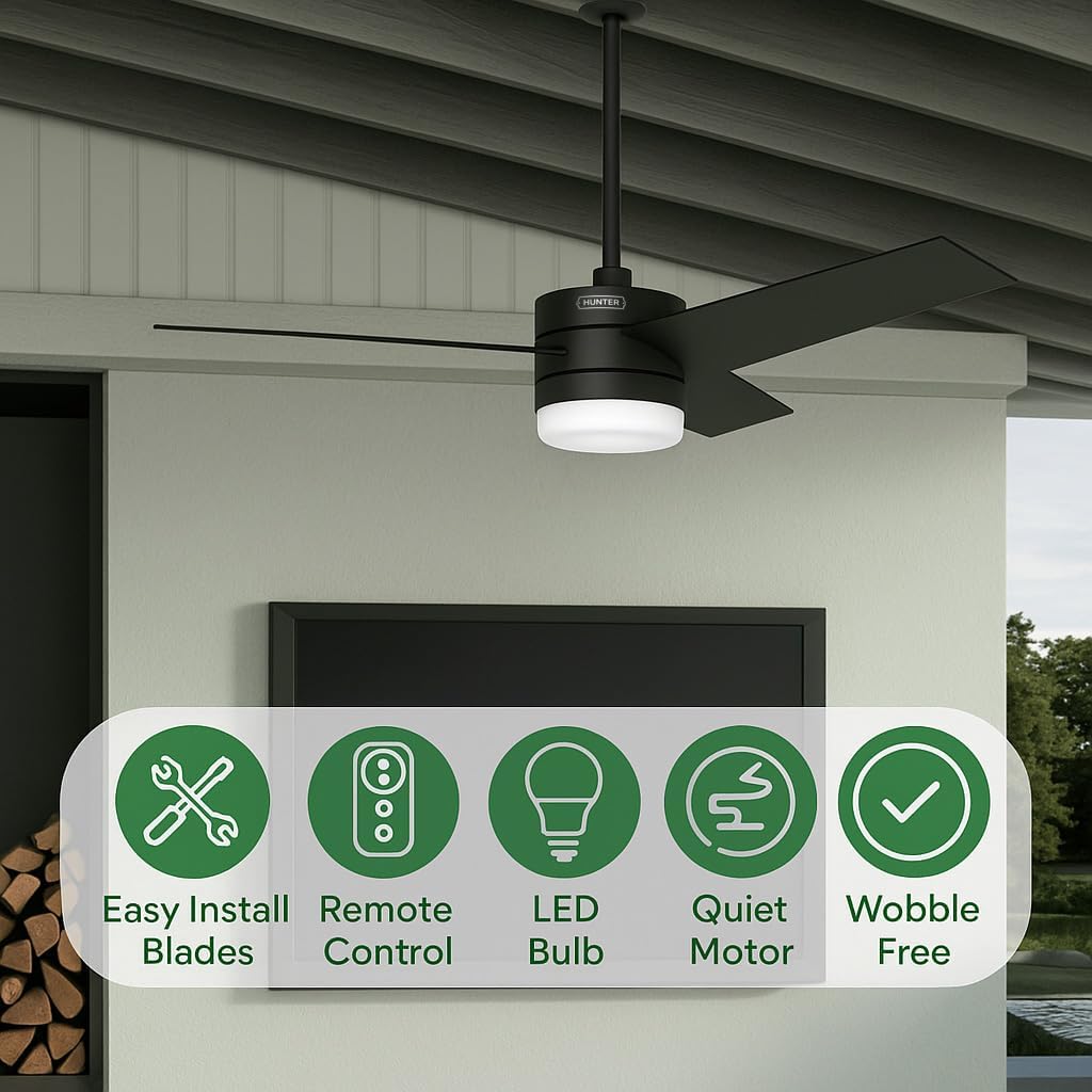 Hunter Fan 54 inch Ceiling Fan with Lights and Remote, Outdoor or Indoor Black Modern Ceiling Fan for Porch, Living Room, Office, Kitchen (Renewed)