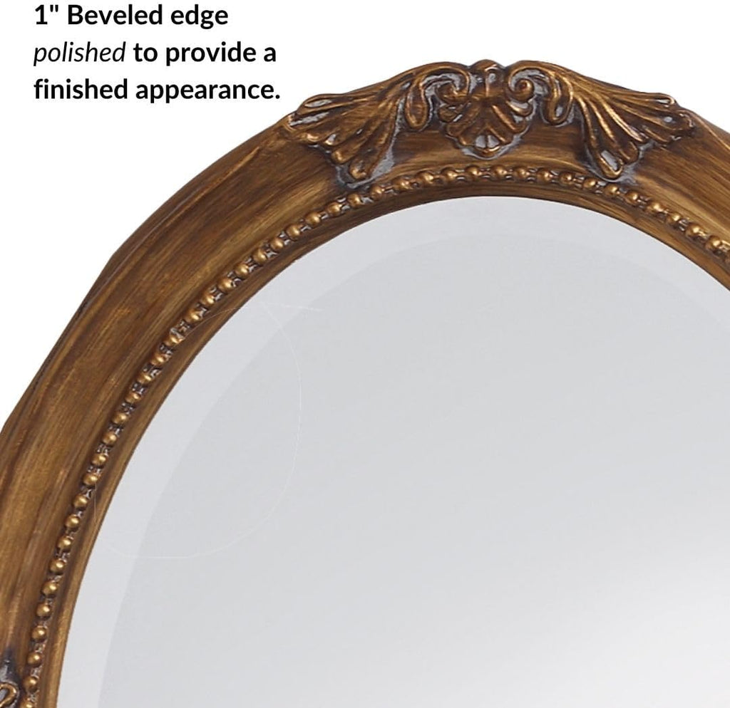 Howard Elliott Collection Queen Ann Oval Antique Gold Leaf Wall Mirror, Oval Bevelled Hanging Wood Framed Vanity Mirrors for Home Decor, Living Room, Bathroom, Bedroom, or Hallway, 25 x 33 Inch
