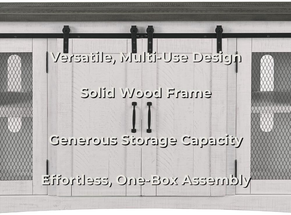 Martin Svensson Home 65' Solid Pine Wood Entertainment Center with Storage. Rustic TV Stand for TVs up to 70.' Sliding Doors, Adjustable Shelves & Cable Management – White and Grey Finish