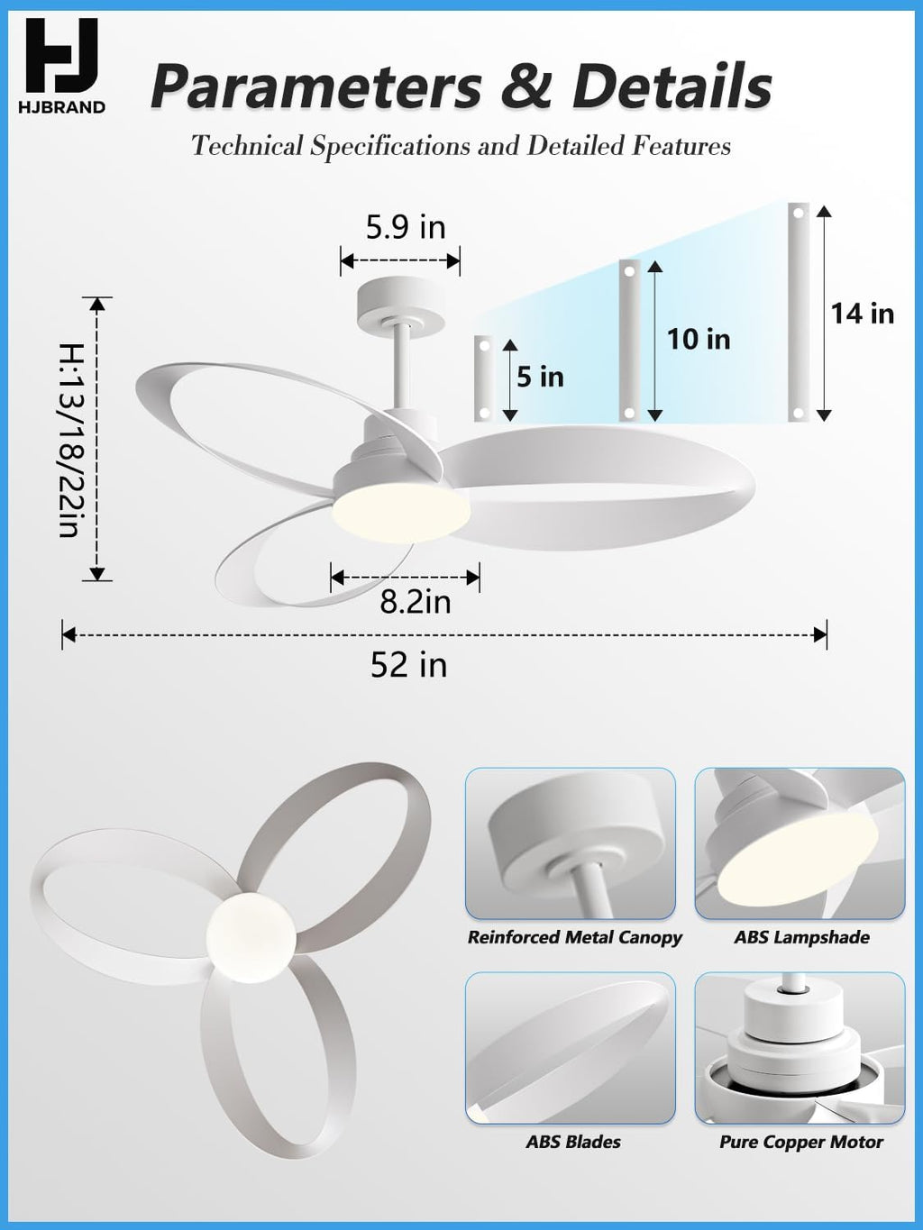 52 inch White Modern Ceiling Fans With Lights And Remote,New Round 3 Blades With 24W 2400LM High Bright LED Light, Quiet Powerful DC Pure Copper Motor for Patio Living Room Bedroom Indoor Outdoor
