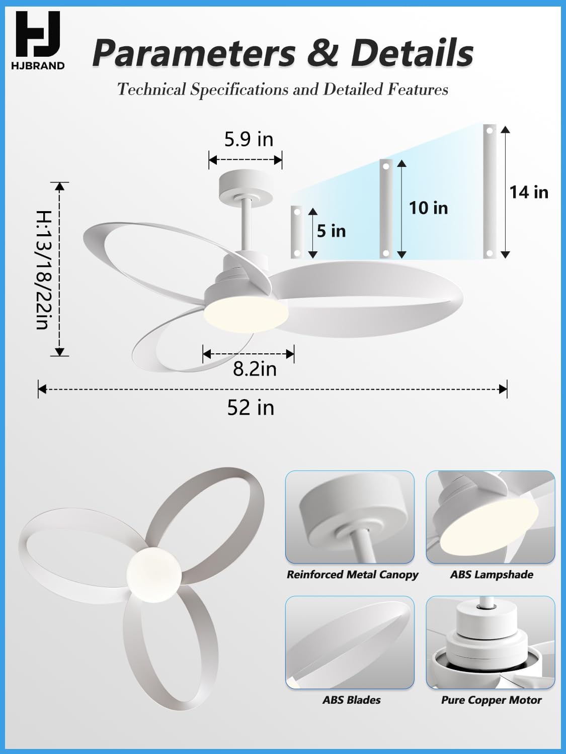 52 inch White Modern Ceiling Fans With Lights And Remote,New Round 3 Blades With 24W 2400LM High Bright LED Light, Quiet Powerful DC Pure Copper Motor for Patio Living Room Bedroom Indoor Outdoor