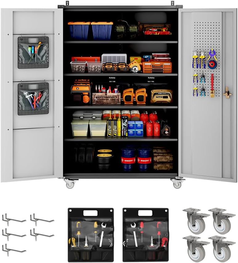 Yeeoy Wide & Deep Metal Garage Storage Cabinet with Pegboard & Adjustable Shelves, Lockable Storage Cabinet with Wheels, Tool Organization Cabinets for Office Garage, 43''W x 22''D x 72''H, Black Gray