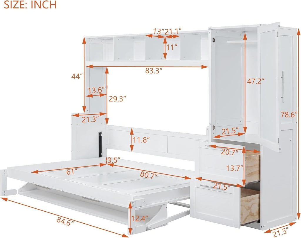 MERITLINE Queen Murphy Bed with Storage Shelves and Wardrobe Closet,Wood Folding Murphy Wall Bed Cabinet with Drawers,for Bedroom Office Guest Room,Foldable