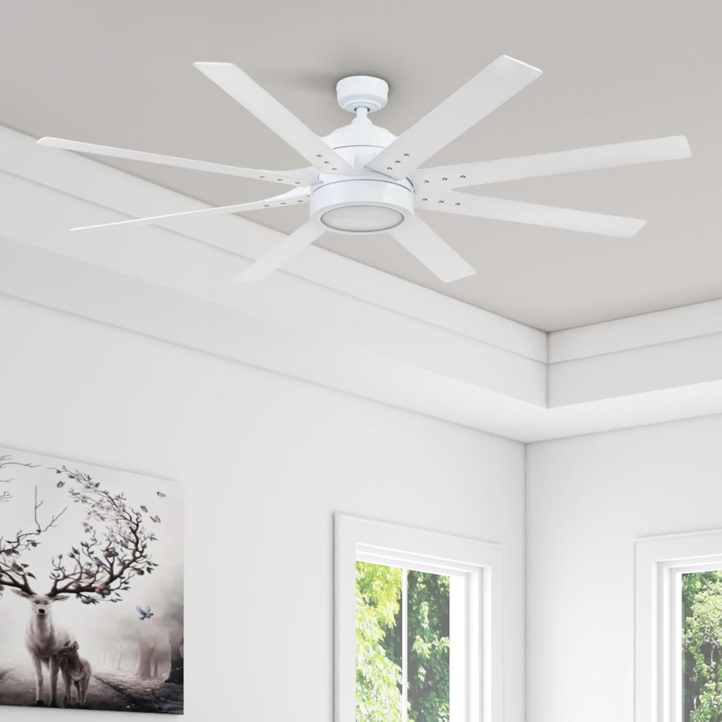 Honeywell Ceiling Fans Xerxes Modern 62 Inch Ceiling Fan with Light, Remote Control Fan, LED Indoor Fan with 8 Blades, White and Gray Wash Blade Finish Options, White (51628-01)