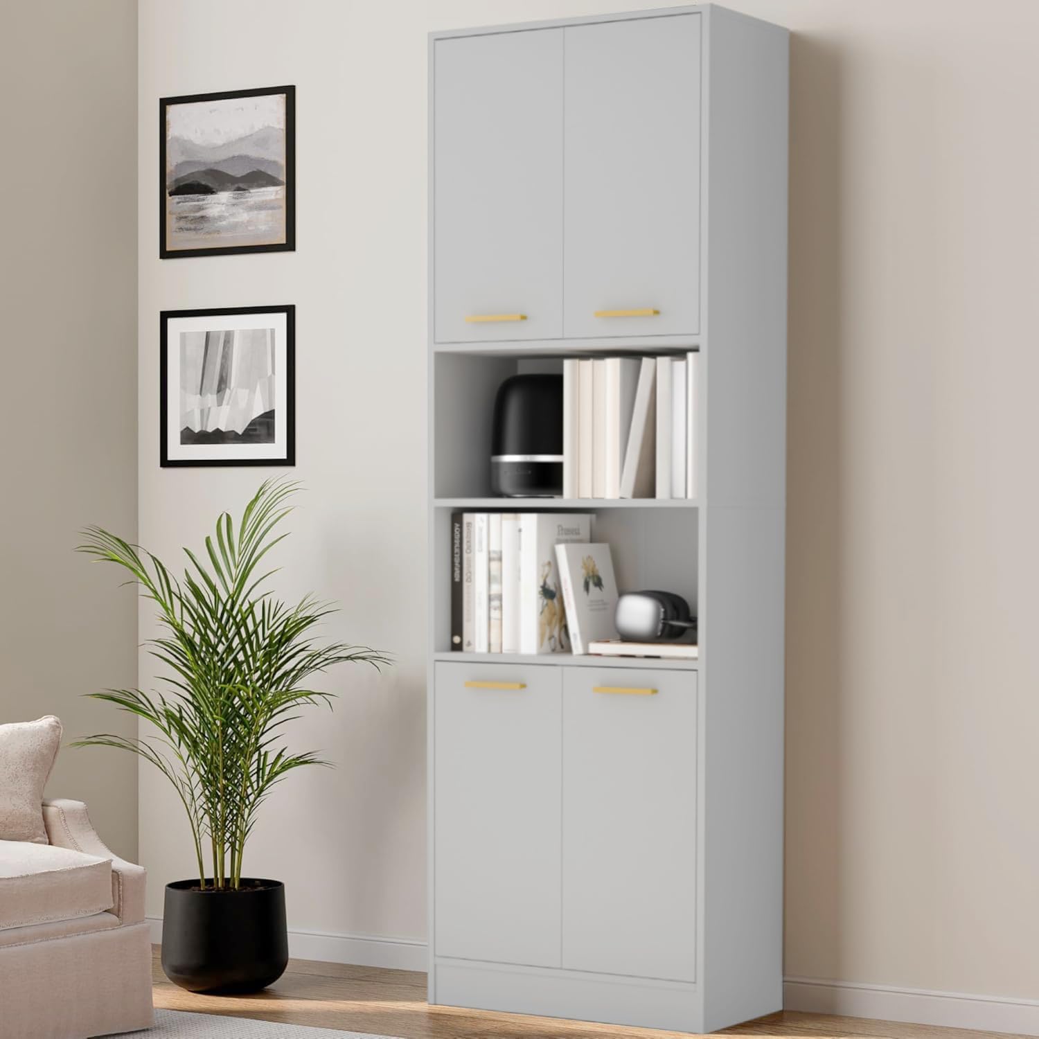 Cozy Castle Kitchen Pantry Cabinet, 75' Tall Wood Storage Cabinet with Doors and Shelves, 4 Doors Open Countertop Utility Hutch Cupboard for Dining Room Living Room Bathroom Furniture, Gray