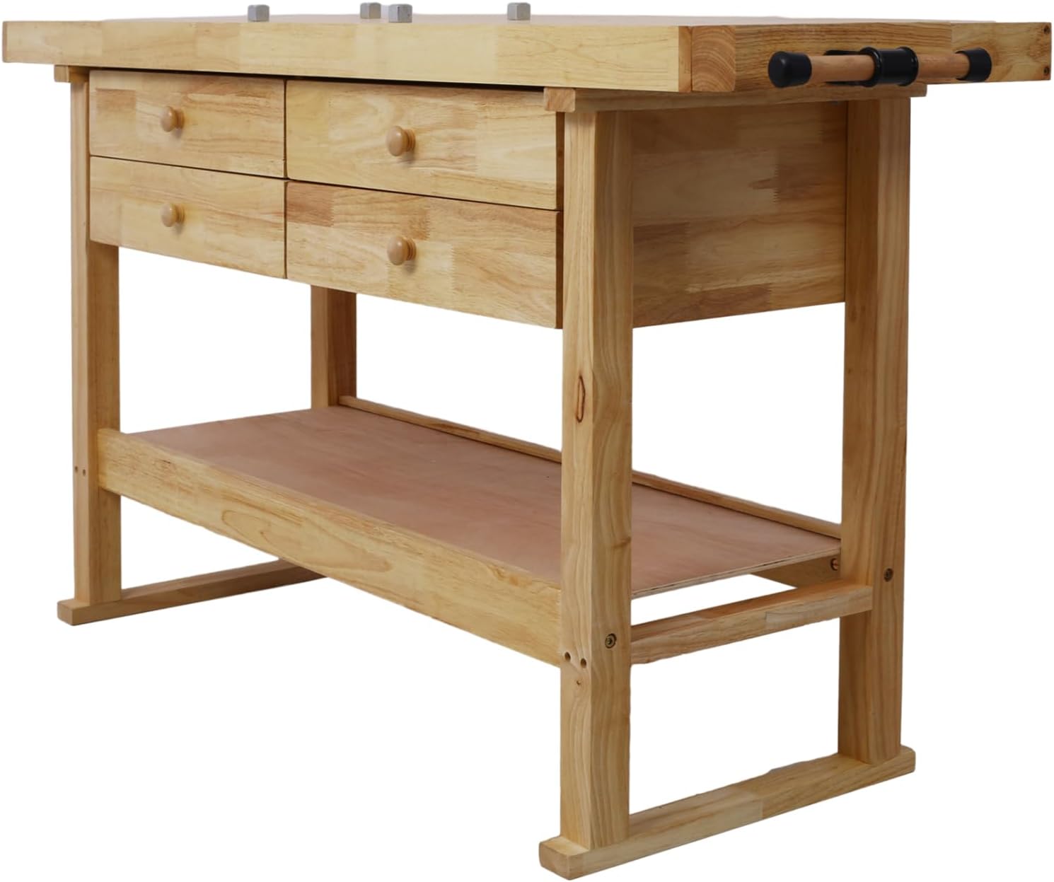 60In Rubber Wood Workbench with 4 Drawers Durable Clamps for Garage Workshop Heavy-Duty Clamping Force Durable Workbench for Home Use Easy Assembly