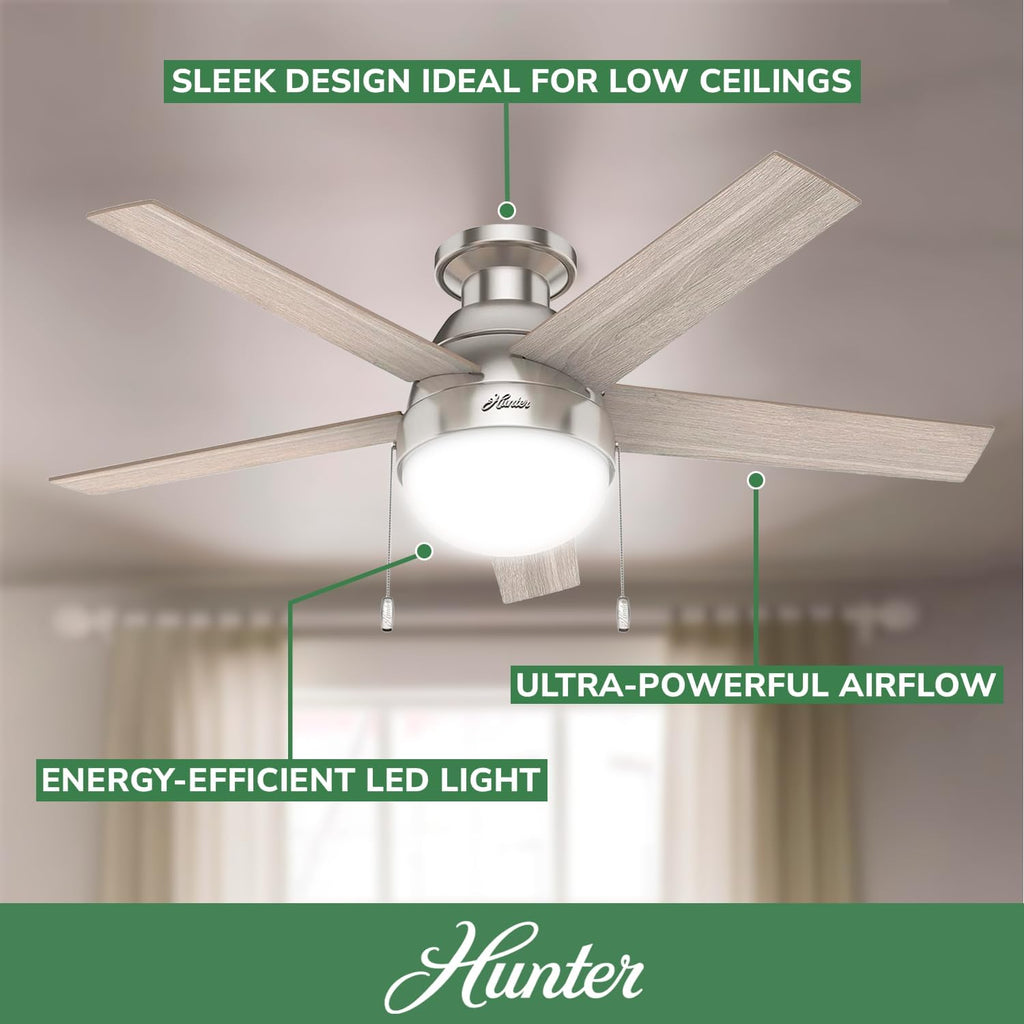 Hunter 46 inch Indoor Ceiling Fan with LED Light - Ceiling Fan with Pull Chain, for Bedroom, Living Room, or Kitchen, Low Profile Mount, No Remote, 5 Blades - Anslee 50278, Brushed Nickel