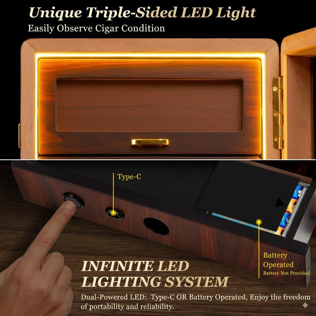 Desktop Cigar Humidor Cabinet Triple-Sided Light with Digital Hygrometer, Humidifier and Humidity Packs. 4 Cedar Wood Drawers, Cigar Humidor Box can Hold 200 Cigars. Present for Men