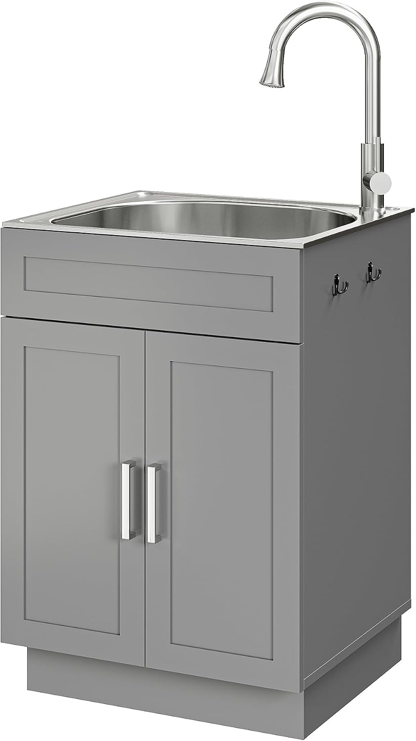 ANCTOR 24 Inch Laundry Sink with Cabinet, Stainless Steel Utility Sink Cabinet with Pull-Out Hot/Cold Faucet Metal Hooks Freestanding Deep Utility Sink for Laundry Utility Room Kitchen Garage