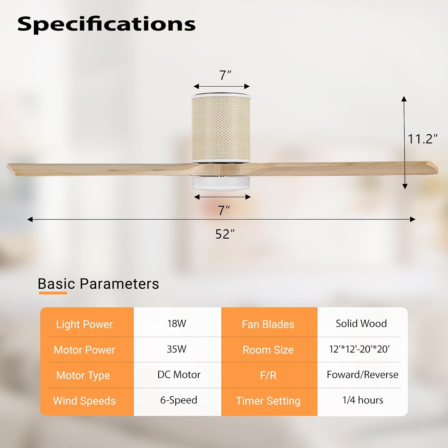LEDLUX 52' Ceiling Fan with Light - Low Profile Flush Mount Ceiling Fan, 6-Speed Remote Control, Solid Wood, Quiet Reversible DC Motor, Boho Style, for Bedroom, Living Room, Porch, Light Oak/White