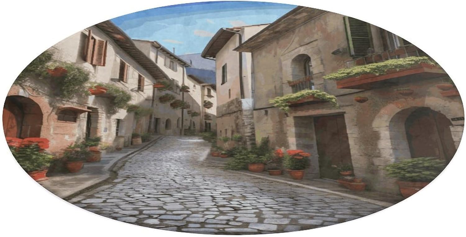 Italian Town Street Coral Velvet Round Floor Mat Non-Slip Bath Rug Floor Covering for Bathroom Vanity Guest Suite & Vacation Home
