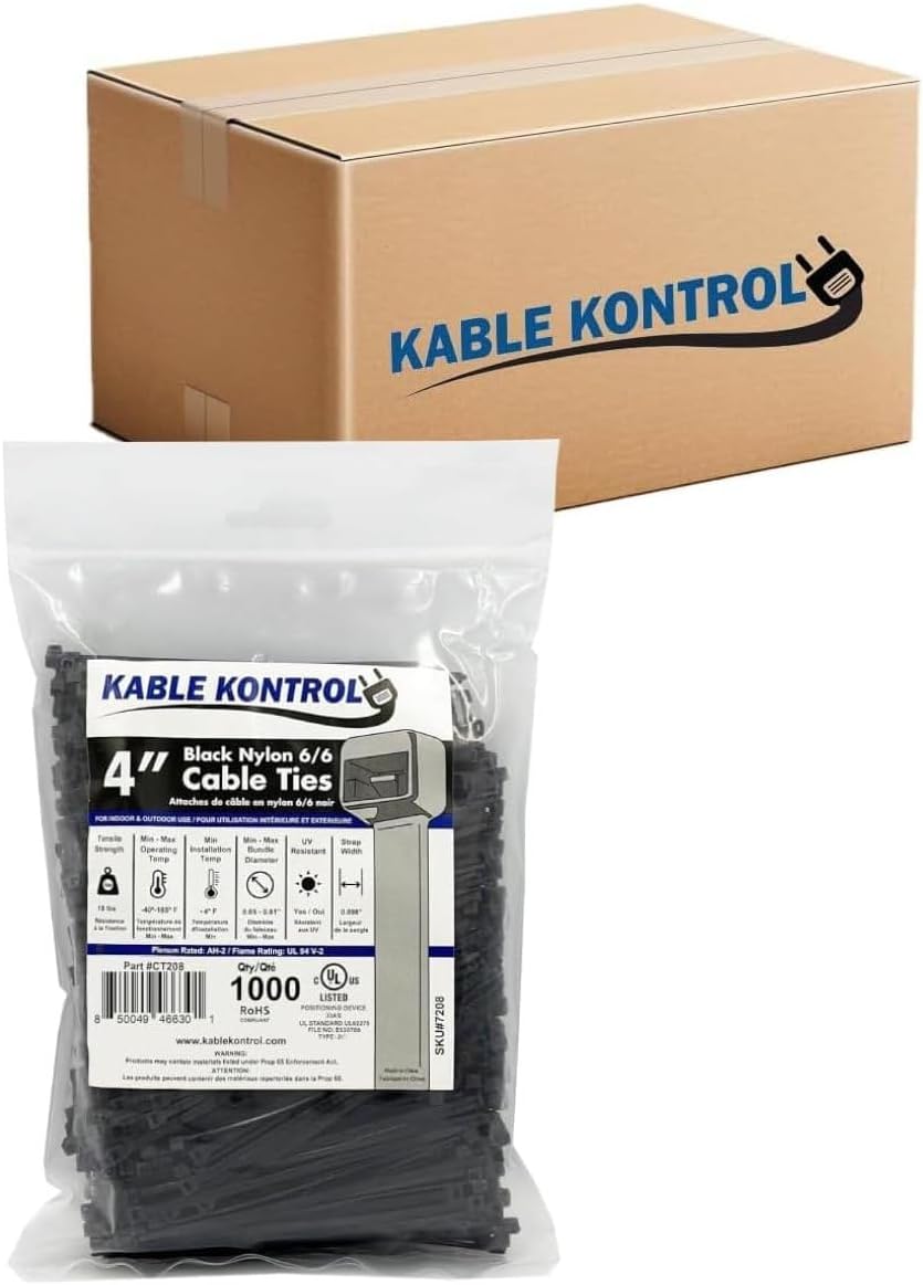 Kable Kontrol Cable Zip Ties Black 40,000 Pcs 4 Inch, 18 Lbs Tensile Strength, Bulk Pack, Self-locking UV Resistant Plastic Nylon Wire Ties, for Indoor or Outdoor Use