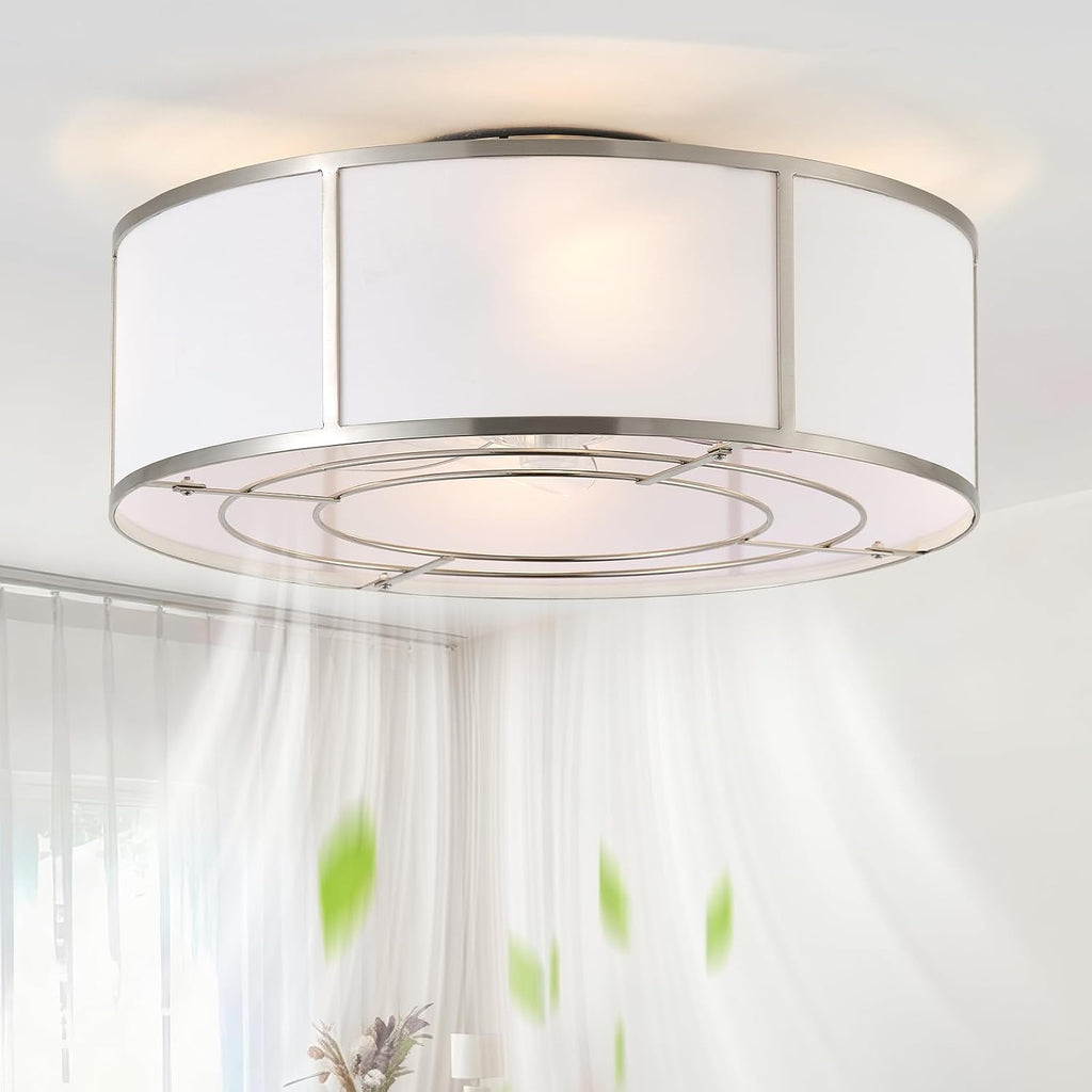 Caged Ceiling Fans with Lights Flush Mount, Low Profile Ceiling Fan with Lights Remote Control, 20'' Modern Bladeless 6 Speeds for Bedroom, Nursery, Kitchen, Silver