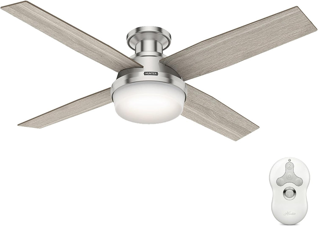 Hunter 52 inch Indoor Ceiling Fan with LED Light and Remote Control- Modern Ceiling Fan, Low Profile Mount, 4 Light Gray Oak Blades, For Bedroom, Living Room, or Kitchen- Dempsey 50283, Brushed Nickel