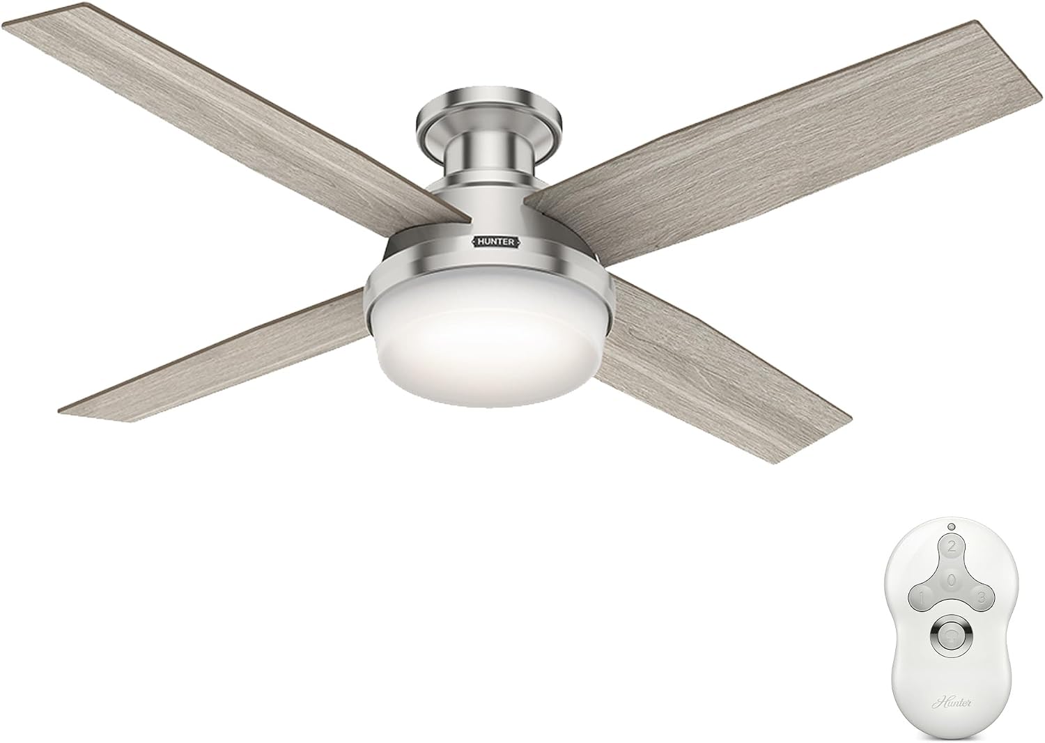 Hunter 52 inch Indoor Ceiling Fan with LED Light and Remote Control- Modern Ceiling Fan, Low Profile Mount, 4 Light Gray Oak Blades, For Bedroom, Living Room, or Kitchen- Dempsey 50283, Brushed Nickel