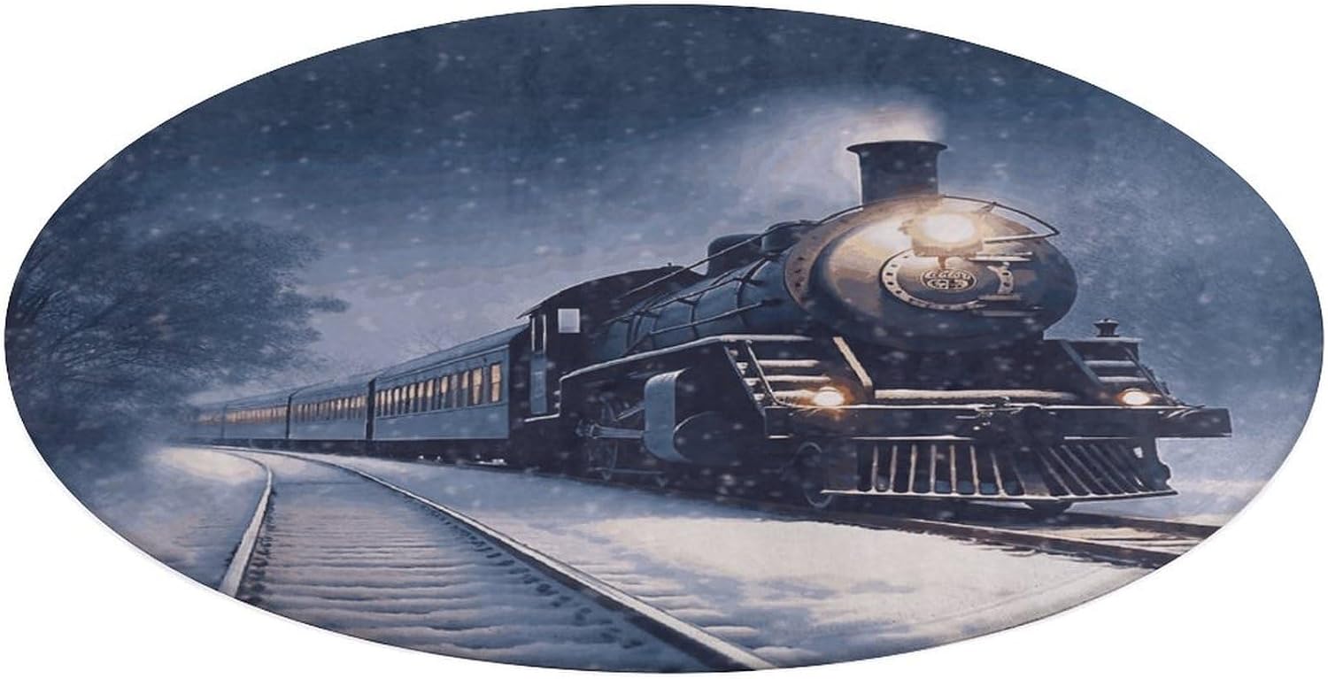 Winter Christmas Snow Night Railway Train Coral Velvet Round Floor Mat Non-Slip Bath Rug Floor Covering for Bathroom Vanity Guest Suite & Vacation Home